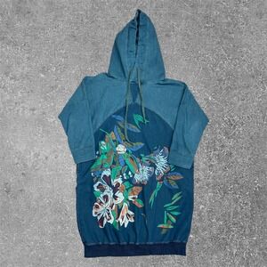 Monthorigin Blue Floral Graphic Hoodie Dress Womens Large Oversized Boho Pockets